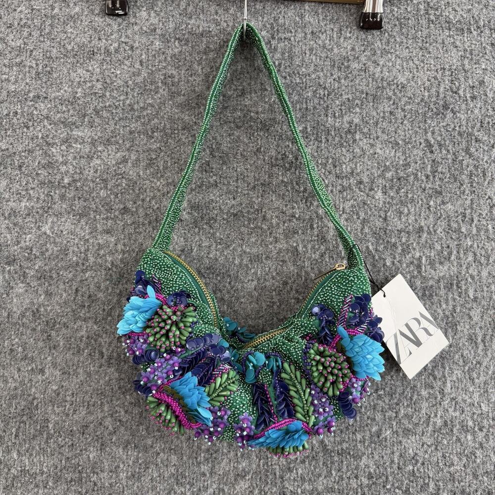 Zara Beaded Floral Shoulder Bag Green Embellished Party Cocktail Purse Artsy